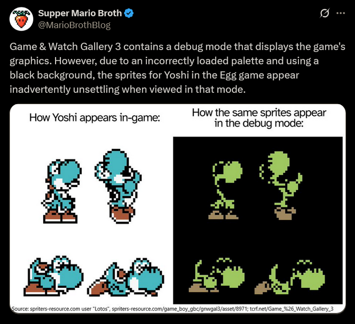 Supper Mario Broth @MarioBrothBlog Ø Game & Watch Gallery 3 contains a debug mode that displays the game's graphics. However, due to an incorrectly loaded palette and using a black background, the sprites for Yoshi in the Egg game appear inadvertently unsettling when viewed in that mode. How Yoshi appears in-game: How the same sprites appear in the debug mode: Source: spriters-resource.com user "Lotos", spriters-resource.com/game_boy_gbc/gnwgal3/asset/8971; tcrf.net/Game_%26_Watch_Gallery_3
