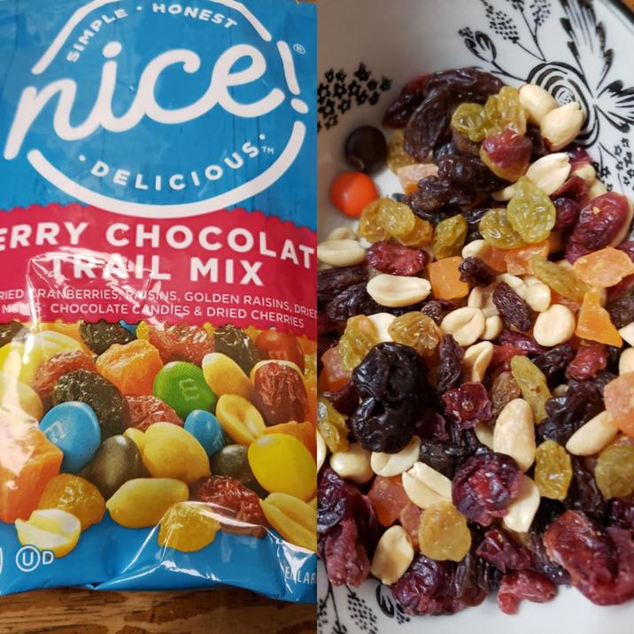 SIMPLE · HONEST nice DELICIOUS ERRY CHOCOLATE TRAIL MIX RIED RANBERRIES, RAUSINS, GOLDEN RAISINS, DRIE M&MS CHOCOLATE CANDIES & DRIED CHERRIES E UD ENLAR