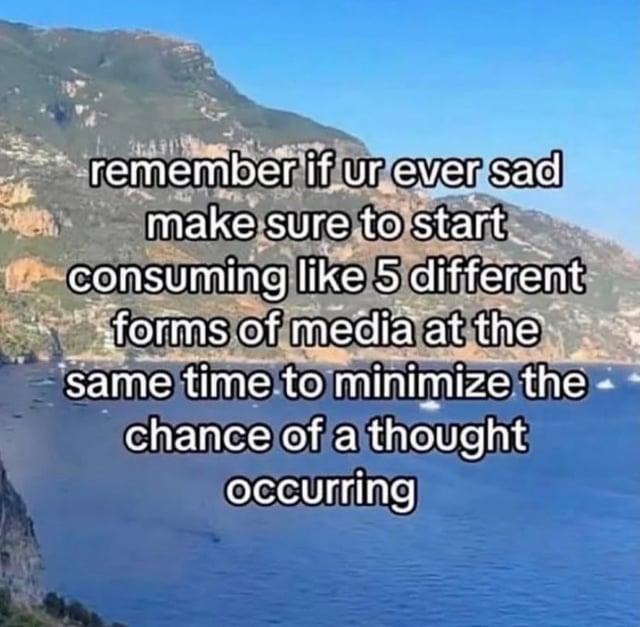 remember if ur ever sad make sure to start consuming like 5 different forms of media at the same time to minimize the chance of a thought occurring