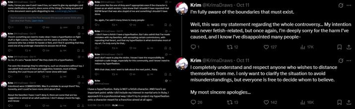 KrimaDraws response to the Angry Birds karate fetish drama. In the response they claim it's just a hyperfixation, not a fetish.