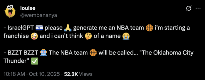X user @wembananya tweeted, "- IsraelGPT 🇮🇱 please 🙏 generate me an NBA team 🏀 i’m starting a franchise 🤪 and i can’t think 🤔 of a name 😭- BZZT BZZT 🤖 The NBA team 🏀 will be called... 'The Oklahoma City Thunder ✅"