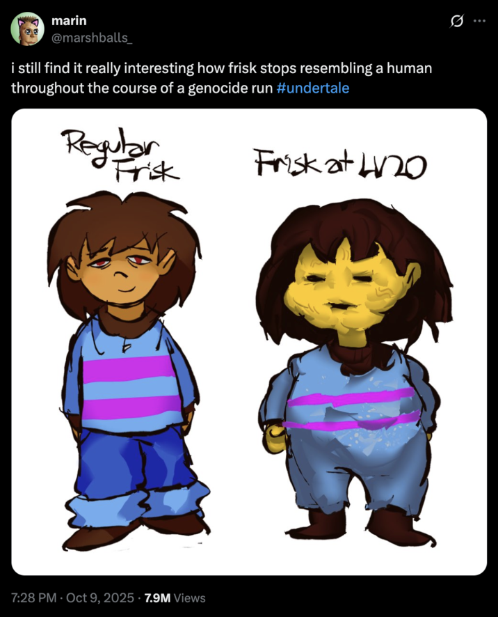 X user @marshballs_ tweeted fan art showing Frisk, the protagonist of _Undertale_, at at "LVL 20," writing, "i still find it really interesting how frisk stops resembling a human throughout the course of a genocide run #undertale." The post gathered over 7 million views and 40,000 likes in four days.