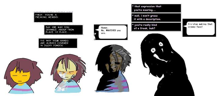 X user @TETOTHING tweeted art inspired by a fan theory that Frisk appeared less human as they progressed through a "genocide run" of the video game _Undertale_.