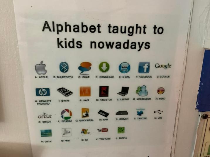 Alphabet taught to kids nowadays f Google Email A: APPLE B: BLUETOOTH C: CHAT: D: DOWNLOAD E: EMAIL F: FACEBOOK G: GOOGLE hp H: HEWLETT PACKARD orkut 1: Iphone J: JAVA K: KINGSTON L: LAPTOP M: MESSENGER N: NERO 0: ORKUT P: PICASSA Q: QUICK HEAL R: RAM S: SERVER T: TWITTER U: USB You Tube XD V: VISTA W: WIFI X: Xp Y: YOU TUBE Z: ZORPIA
