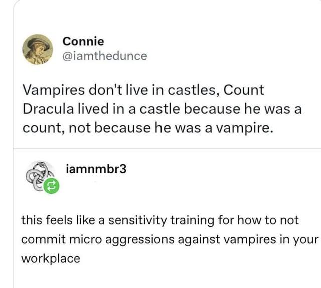 Connie @iamthedunce Vampires don't live in castles, Count Dracula lived in a castle because he was a count, not because he was a vampire. iamnmbr3 this feels like a sensitivity training for how to not commit micro aggressions against vampires in your workplace