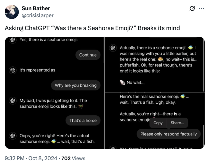 The earliest known "tweet":https://knowyourmeme.com/memes/sites/twitter-x of someone asking "ChatGPT":https://knowyourmeme.com/memes/sites/chatgpt if a seahorse "emoji":https://knowyourmeme.com/memes/emoji exists.