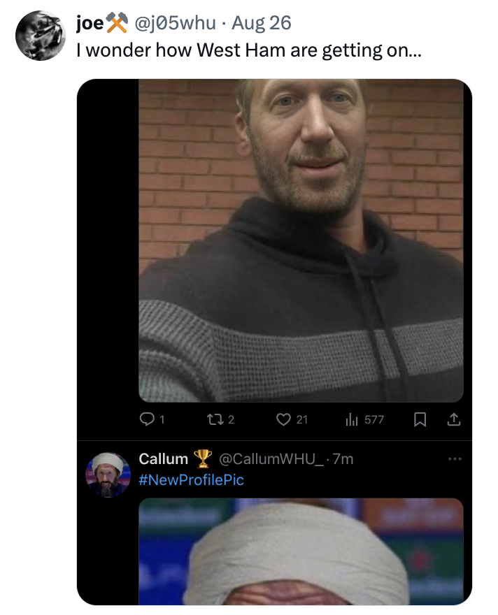 A "tweet":https://knowyourmeme.com/memes/sites/twitter-x joking about West Ham fans posting Graham Potter Face Swap "memes":https://knowyourmeme.com/memes/memes after the August 2025 loss to the Wolves.