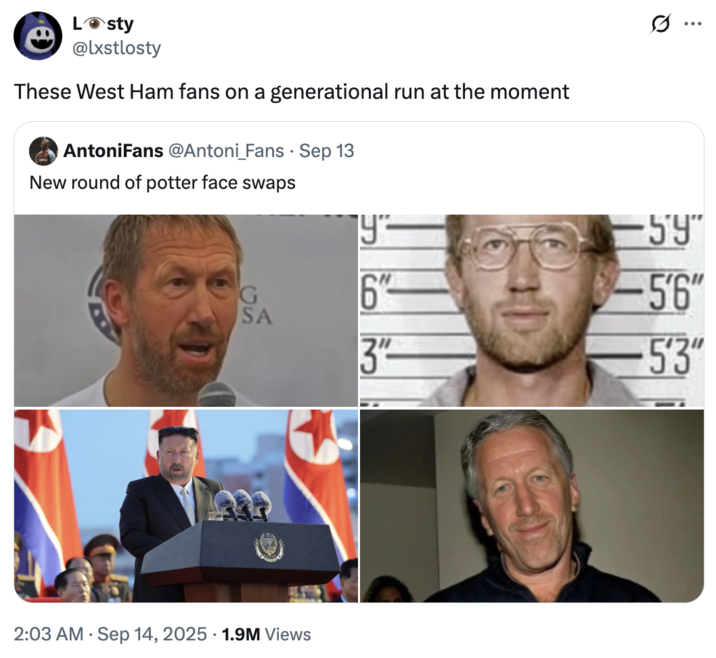 A "tweet":https://knowyourmeme.com/memes/sites/twitter-x proclaiming that West Ham fans have been on a "generational run" with the Graham Potter Face Swap "memes":https://knowyourmeme.com/memes/memes.