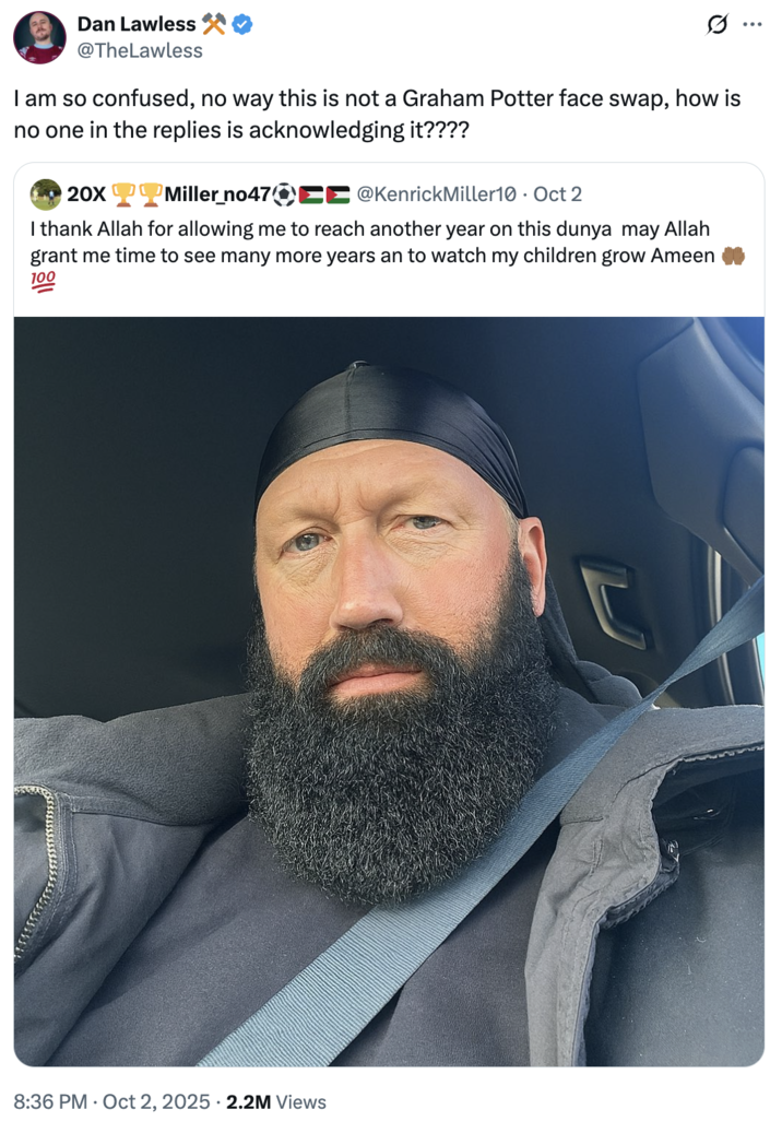 A "quote-tweet":https://knowyourmeme.com/memes/quote-retweets-qrts joking about a selfie which appears to be a Graham Potter Face Swap.