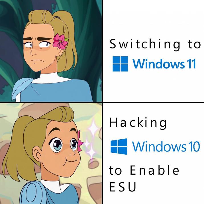 A meme about hacking Windows 10 to continue ESU updates. The meme was posted to /r/memes.