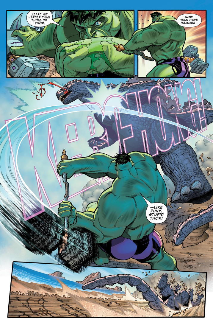 LIZARD HIT HARDER THAN THING OR THOR. NOW HULK HAVE HAMMER-- --LIKE PUNY, STUPID THOR! O 0 0