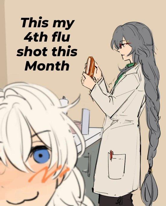 A redraw of the '4th flu shot' meme. The redraw references Honkai 3rd Impact.