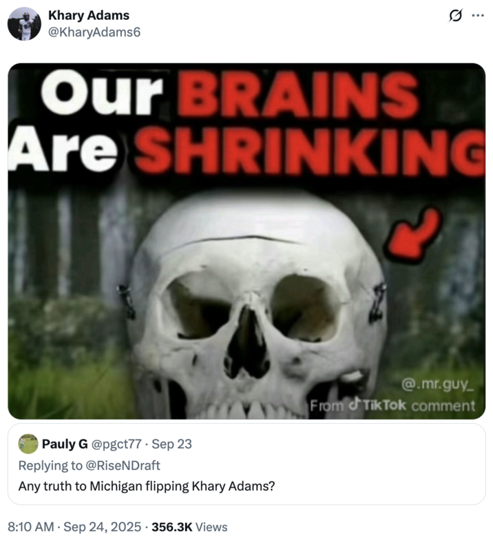 An "exploited":https://knowyourmeme.com/memes/exploitables version of the Our Brains Are Shrinking "reaction image":https://knowyourmeme.com/memes/reaction-images.