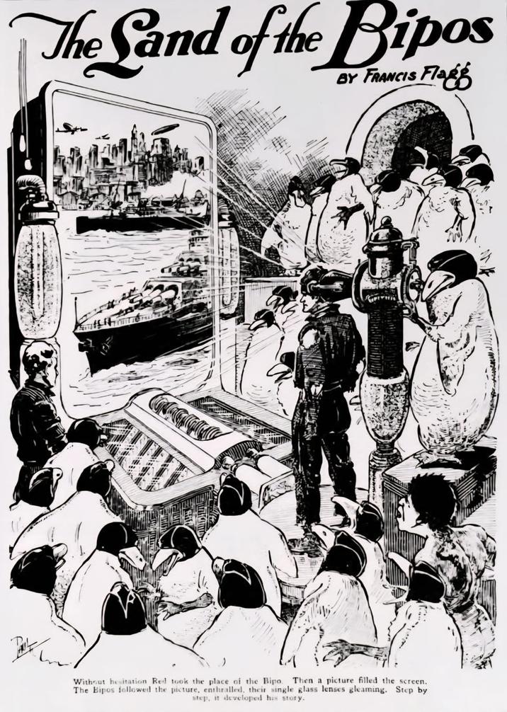 The Sand of the Bipos BY FRANCIS Flag Without hesitation Red took the place of the Bipo. Then a picture filled the screen. The Bipos followed the picture, enthralled, their single glass lenses gleaming. Step by step, it developed his story.