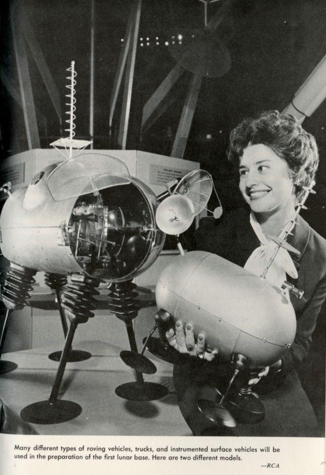 Many different types of roving vehicles, trucks, and instrumented surface vehicles will be used in the preparation of the first lunar base. Here are two different models. -RCA