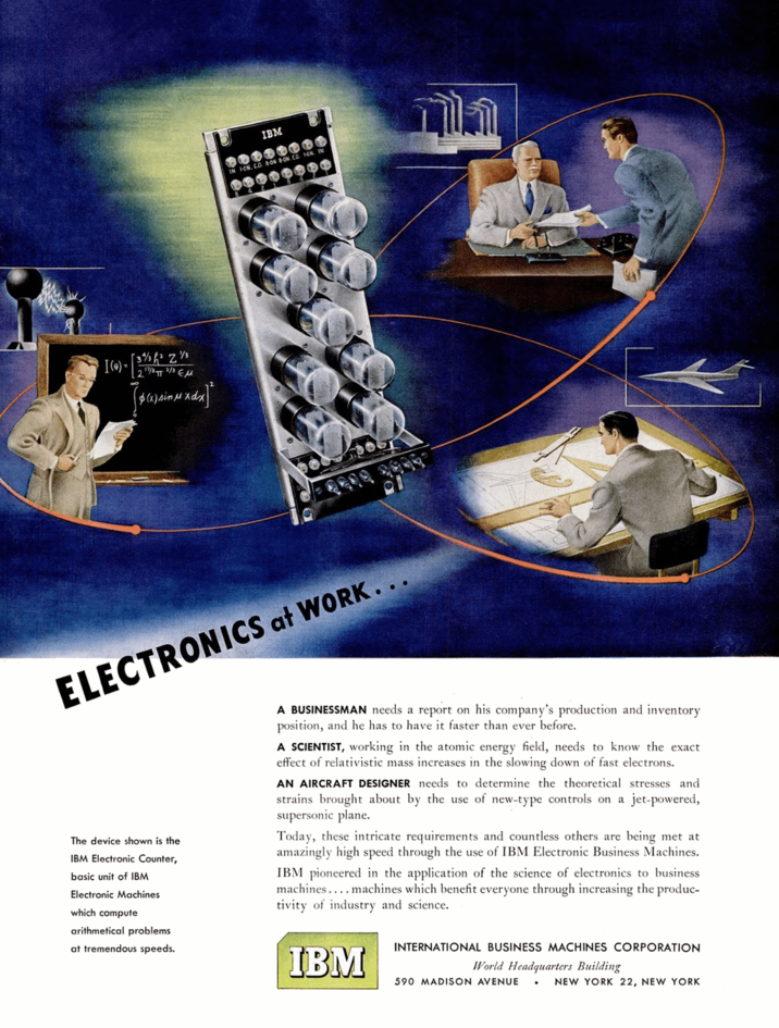 I() [3½ h² Z½³ 217/1πT 2/3 Eμ f(x) sinμ IBM IN 1-ON, CO. BON BON CO ON. IN הוה ELECTRONICS at WORK... The device shown is the IBM Electronic Counter, basic unit of IBM Electronic Machines which compute arithmetical problems at tremendous speeds. A BUSINESSMAN needs a report on his company's production and inventory position, and he has to have it faster than ever before. A SCIENTIST, working in the atomic energy field, needs to know the exact effect of relativistic mass increases in the slowing down of fast electrons. AN AIRCRAFT DESIGNER needs to determine the theoretical stresses and strains brought about by the use of new-type controls on a jet-powered, supersonic plane. Today, these intricate requirements and countless others are being met at amazingly high speed through the use of IBM Electronic Business Machines. IBM pioneered in the application of the science of electronics to business machines.... machines which benefit everyone through increasing the produc- tivity of industry and science. INTERNATIONAL BUSINESS MACHINES CORPORATION IBM World Headquarters Building 590 MADISON AVENUE . NEW YORK 22, NEW YORK