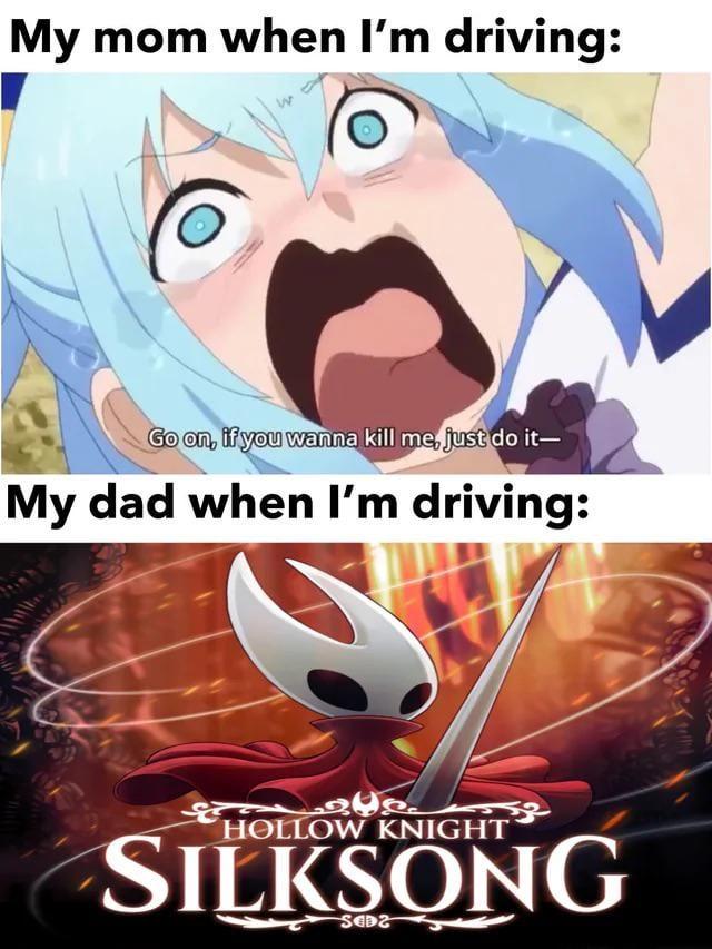 My mom when I'm driving: Go on, if you wanna kill me, just do it- My dad when I'm driving: HOLLOW KNIGHT SILKSONG SOD2