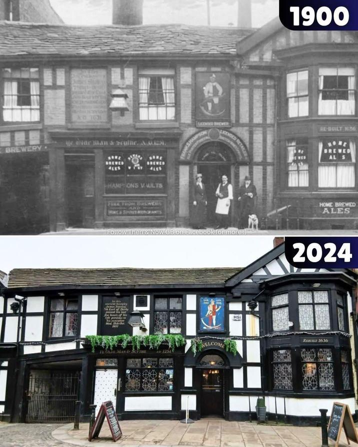 BREWERY He Olar Man & Scuine. A.MIDI. BREWED 4LES BREWED 4685 HAMP ONS VWLTS FREE FROM BREWERS AND WING & SPET MERCHANTS LICENSED BREVER SHAMPSON LICENSED RETAILE 1900 RE-BUILT H36 AL S HOME BREWED ALES Follow Then & Now GB on Facebook for more :) 2024 ancient hostelry James Stanley 7th Earl of Derby passed his last few hours of his life previous to Wed. 15th Oct 1651 YE OLDE MAN & SCYTHE AD 1251 WELCOME HSi REBUILT 1636