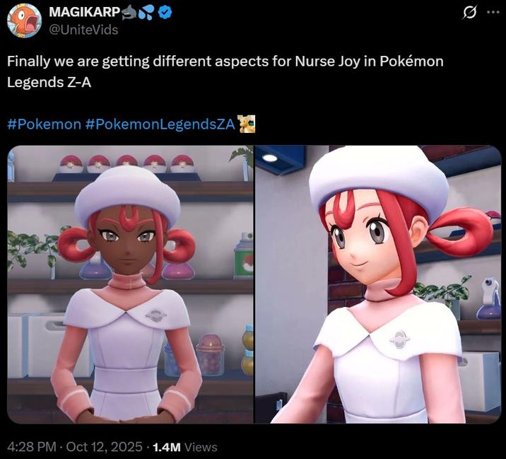 MAGIKARP @UniteVids Finally we are getting different aspects for Nurse Joy in Pokémon Legends Z-A #Pokemon #Pokemon LegendsZA 4:28 PM - Oct 12, 2025 1.4M Views 0