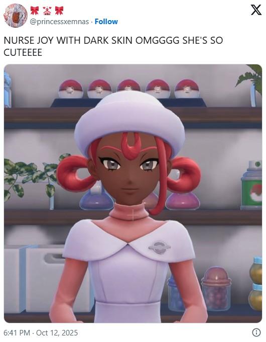 *** @princessxemnas. Follow NURSE JOY WITH DARK SKIN OMGGGG SHE'S SO CUTEEEE 6:41 PM Oct 12, 2025 X