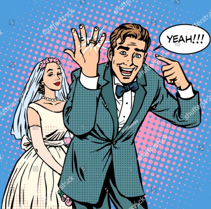 A stock image. The image shows a groom pointing at his wedding ring and yelling "yeah!!!"