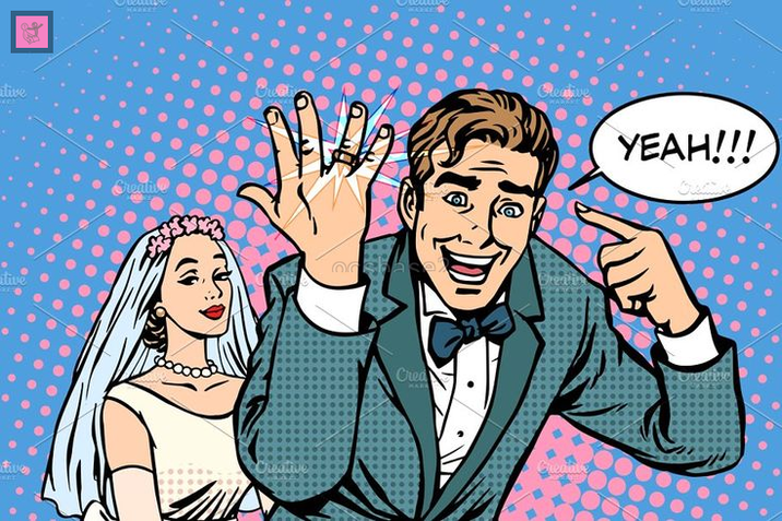 A redraw template of a man pointing at his wedding ring. This is based on a stock image.