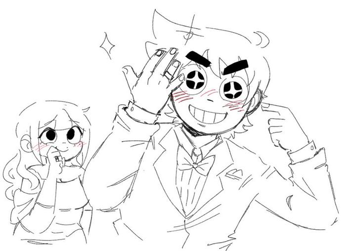 A redraw of a stock image of a man pointing at his wedding ring. The redraw is based on Scott Pilgrim.