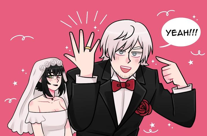 A redraw of a stock image of a man pointing at his wedding ring. The redraw is based on Devil May Cry.