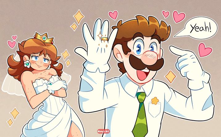 A redraw of a stock image of a man pointing at his wedding ring. The redraw is based on Luigi and Daisy from Mario.