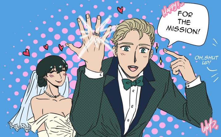 A redraw of a stock image of a man pointing at his wedding ring. The redraw is based on Spy x Family.