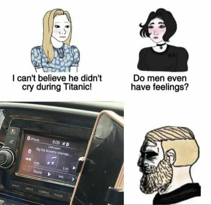 I can't believe he didn't cry during Titanic! Do men even have feelings? SCREEN ON EFF ENU iPhone KA 8:09 Unknown B------- brunette s------... 0:00 5:25 Browse Source Info RADIO MEDIA COMPASS PHONE