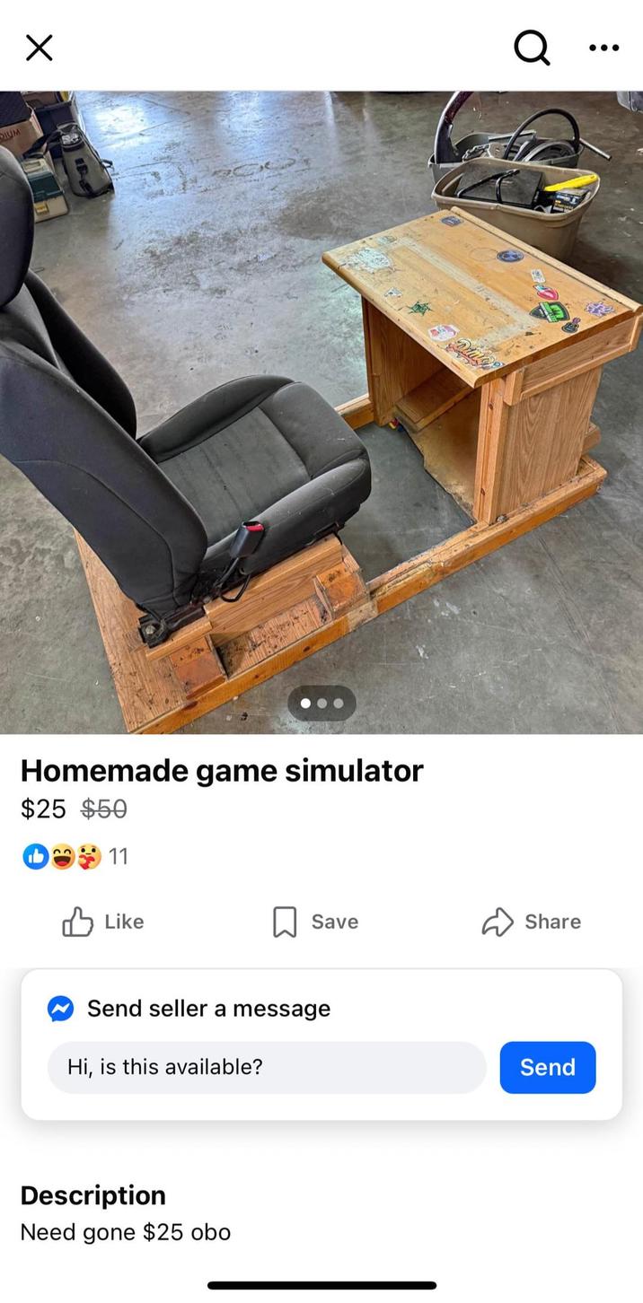 DIUM Q Homemade game simulator $25 $50 11 Like Dinge Save Share Send seller a message Hi, is this available? Description Need gone $25 obo Send