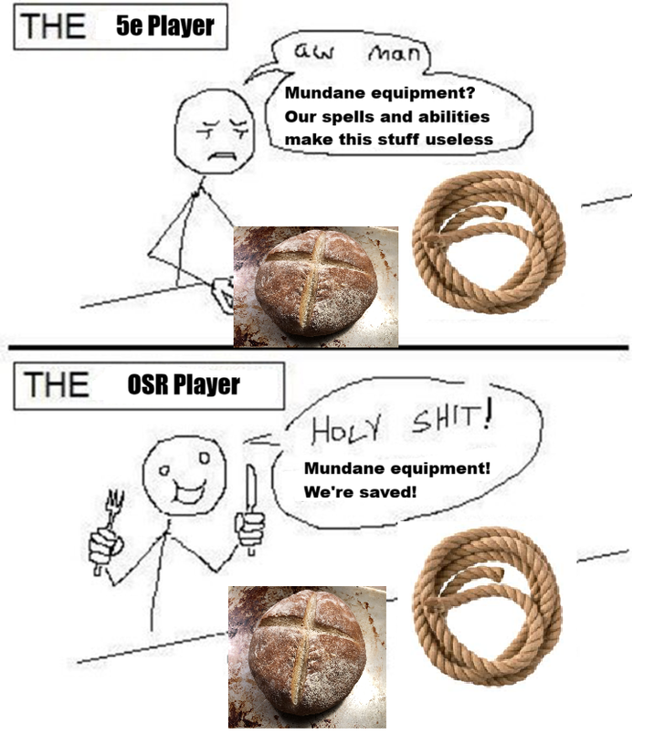 THE 5e Player 36 man 4 37 Mundane equipment? Our spells and abilities make this stuff useless THE OSR Player D H--------! Mundane equipment! We're saved!