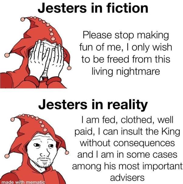Jesters in fiction Please stop making fun of me, I only wish to be freed from this living nightmare Jesters in reality I am fed, clothed, well paid, I can insult the King without consequences and I am in some cases among his most important advisers made with mematic