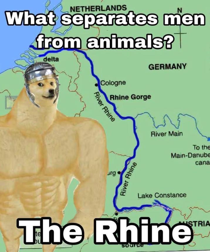 NETHERLANDS N What separates men from animals? delta Cologne Rhine Gorge River Rhine urg River Rhine GERMANY River Main To the Main-Danube cana Lake Constance The Rhine Source STRIA