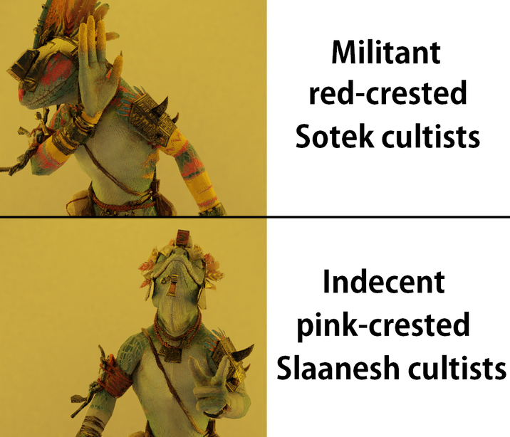 Militant red-crested Sotek cultists Indecent pink-crested Slaanesh cultists