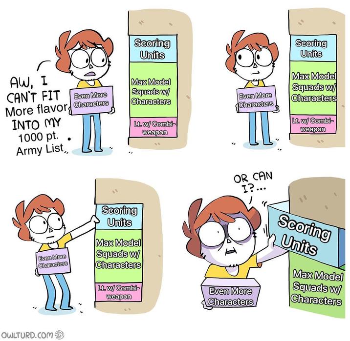 AW, I CAN'T FIT Even More More flavor Characters INTO MY 1000 pt. Army List • Scoring Units Max Model Squads w/ Characters Lt. w/ Combi- weapon Even More Characters Scoring Units Max Model Squads w/ Characters Lt. w/ Combi- weapon Even More Characters Scoring Units Max Model Squads w/ Characters Lt. w/ Combi- weapon OR CAN I?... Even More Characters Scoring Units Max Model Squads w/ Characters OWLTURD.COM