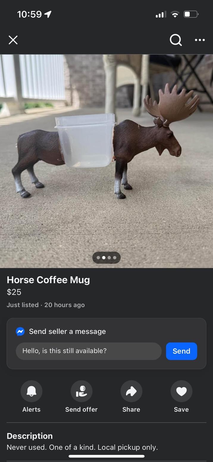 Х 10:59 ▼ Horse Coffee Mug $25 Just listed. 20 hours ago Send seller a message Q Hello, is this still available? Send Alerts Send offer Share Save Description Never used. One of a kind. Local pickup only.