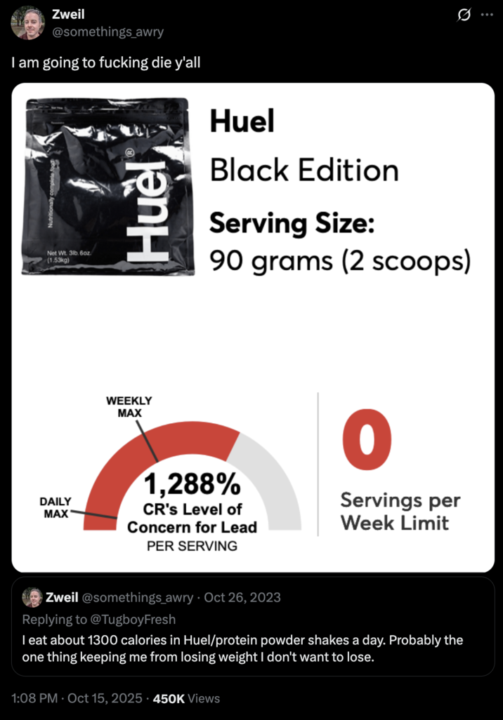 X user @somethings_awry tweeted, "I am going to f------ die y'all," in response to learning that Huel Black had higher levels of lead per serving than recommended. 