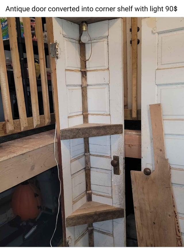 Towe Antique door converted into corner shelf with light 90$