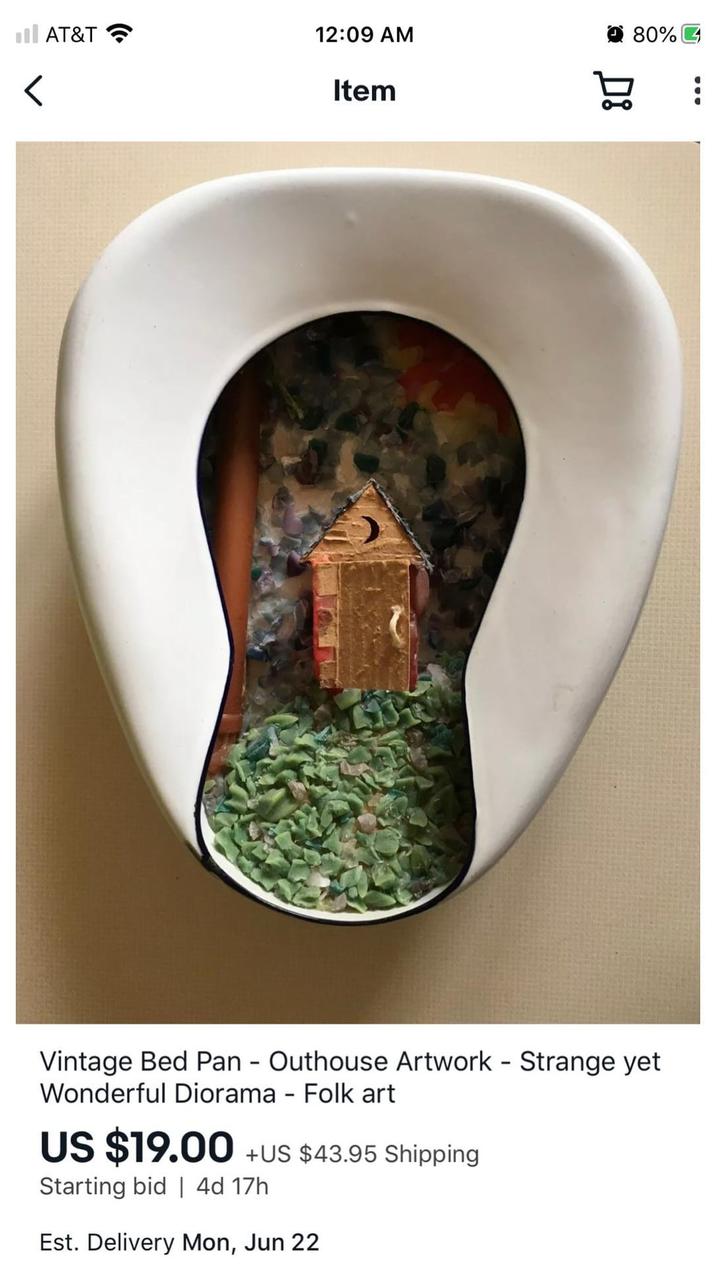 Il AT&T 12:09 AM 80% Item Vintage Bed Pan - Outhouse Artwork - Strange yet Wonderful Diorama - Folk art US $19.00 +US $43.95 Shipping Starting bid | 4d 17h Est. Delivery Mon, Jun 22