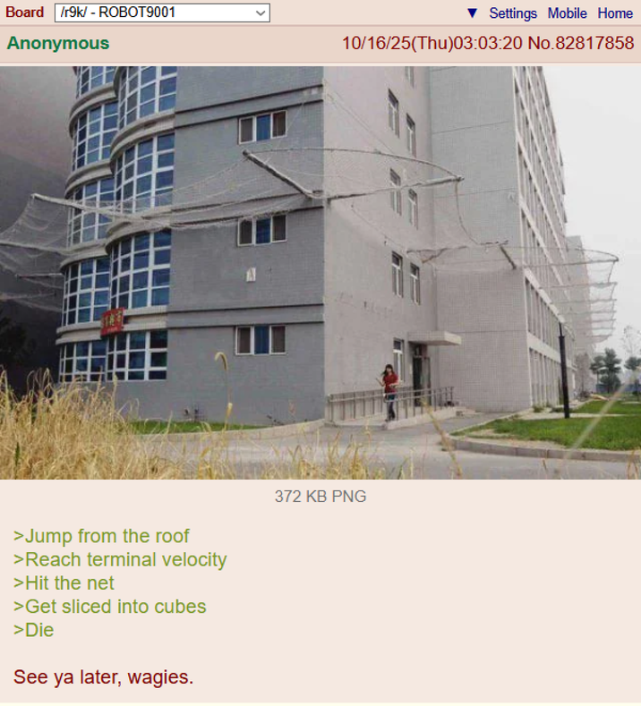 Board /r9k/ - ROBOT9001 Anonymous >Jump from the roof >Reach terminal velocity >Hit the net >Get sliced into cubes >Die See ya later, wagies. Settings Mobile Home 10/16/25(Thu)03:03:20 No.82817858 372 KB PNG