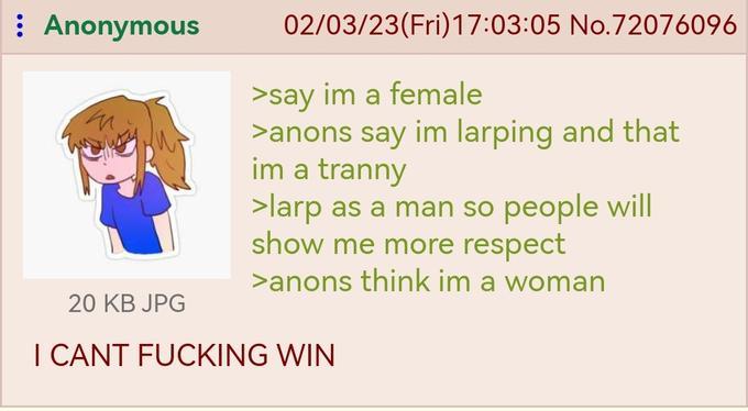 : Anonymous 20 KB JPG 02/03/23(Fri)17:03:05 No.72076096 >say im a female >anons say im larping and that im a t----- >larp as a man so people will show me more respect >anons think im a woman I CANT F------ WIN