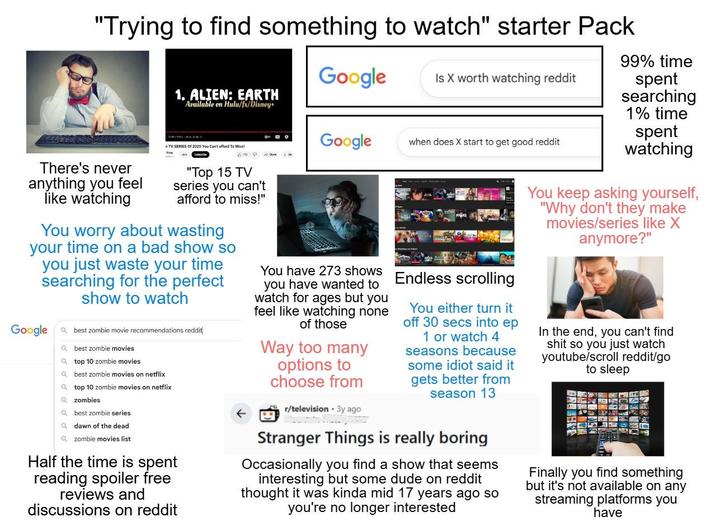 "Trying to find something to watch" starter Pack 1. ALIEN: EARTH Available on Hulu/fx/Disney+ ATV SERIES 012025 You Can't afford To Miss! Google Is X worth watching reddit Google when does X start to get good reddit 99% time spent searching 1% time spent watching You keep asking yourself, "Why don't they make movies/series like X anymore?" There's never anything you feel like watching "Top 15 TV series you can't afford to miss!" You worry about wasting your time on a bad show so you just waste your time searching for the perfect show to watch Google best zombie movie recommendations reddit Qbest zombie movies Qtop 10 zombie movies Qbest zombie movies on netflix Qtop 10 zombie movies on netflix Qzombies Q best zombie series Q dawn of the dead Qzombie movies list Half the time is spent reading spoiler free reviews and discussions on reddit You have 273 shows you have wanted to watch for ages but you feel like watching none of those Way too many options to choose from r/television 3y ago Endless scrolling You either turn it off 30 secs into ep 1 or watch 4 seasons because some idiot said it gets better from season 13 Stranger Things is really boring Occasionally you find a show that seems interesting but some dude on reddit thought it was kinda mid 17 years ago so you're no longer interested In the end, you can't find s--- so you just watch youtube/scroll reddit/go to sleep Finally you find something but it's not available on any streaming platforms you have