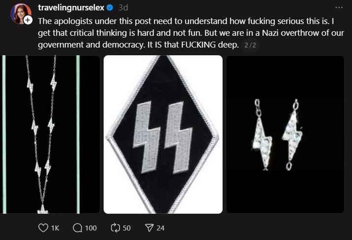 travelingnurselex ❤ 3d + The apologists under this post need to understand how f------ serious this is. I get that critical thinking is hard and not fun. But we are in a Nazi overthrow of our government and democracy. It IS that F------ deep. 2/2 1K Q100 0 50 24