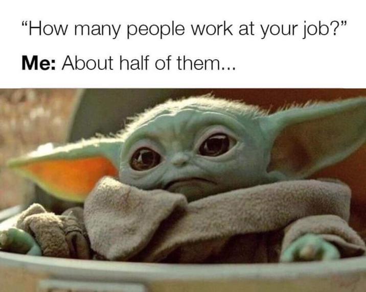 "How many people work at your job?" Me: About half of them...