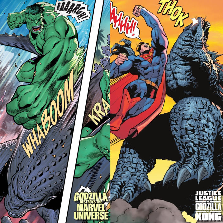 RAAARGH THOK WHABOOM KRA GODZILLA MARVEL UNIVERSE DESTROYS THE JUSTICE LEAGUE VS. GODZILLA KONG