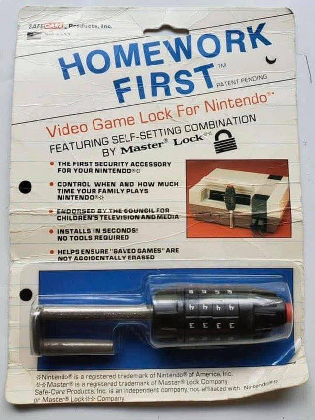 SAFECARE Products, Inc. HOMEWORK FIRST TM PATENT PENDING Video Game Lock For Nintendo" FEATURING SELF-SETTING COMBINATION BY Master Lock THE FIRST SECURITY ACCESSORY FOR YOUR NINTENDO • CONTROL WHEN AND HOW MUCH TIME YOUR FAMILY PLAYS NINTENDO ENDORSED BY THE COUNCIL FOR CHILDREN'S TELEVISION AND MEDIA INSTALLS IN SECONDS! NO TOOLS REQUIRED HELPS ENSURE "SAVED GAMES" ARE NOT ACCIDENTALLY ERASED S hhhh εεεε Nintendo® is a registered trademark of Nintendo of America, Inc. **Master® is a registered trademark of Master Lock Company Safe-Care Products, Inc. is an independent company, not affiliated with Nintendo or Master Lock Company