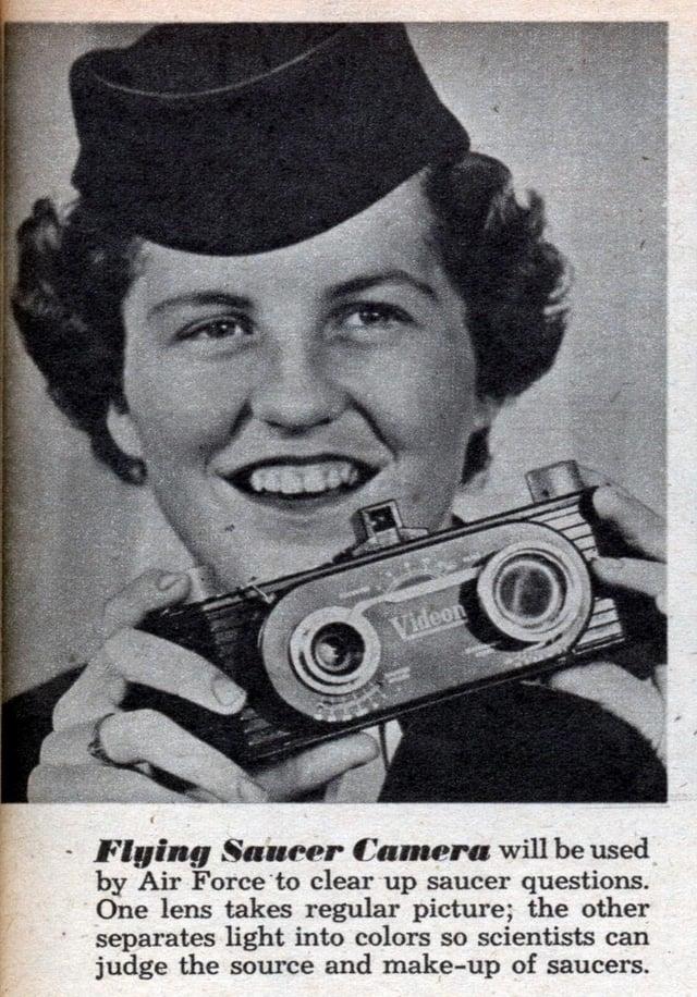 Videon Flying Saucer Camera will be used by Air Force to clear up saucer questions. One lens takes regular picture; the other separates light into colors so scientists can judge the source and make-up of saucers.