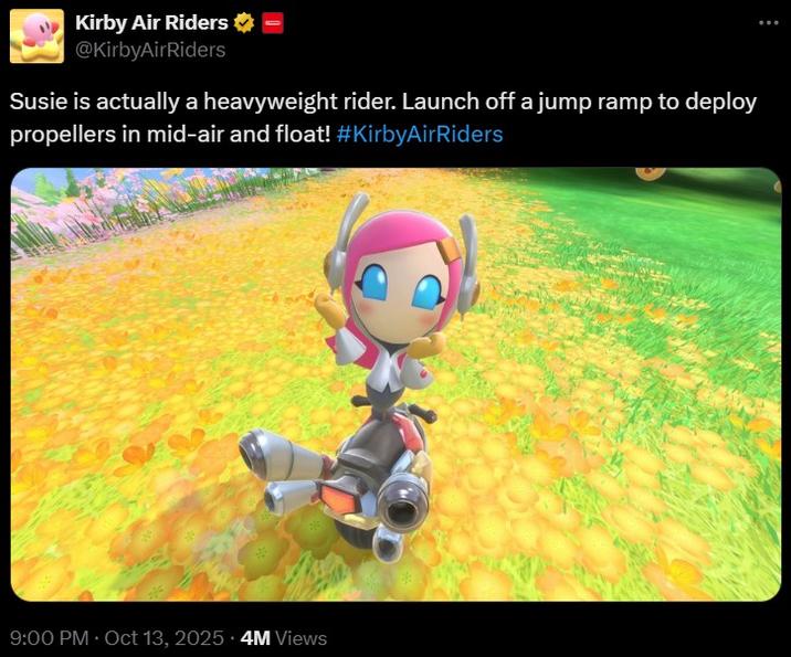 A post by the @KirbyAirRiders account. They write that Susie is a heavyweight rider.